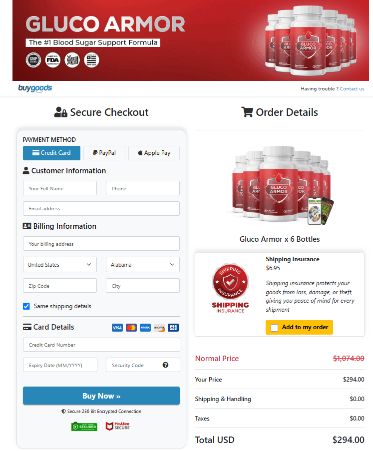 Gluco Armor Checkout page